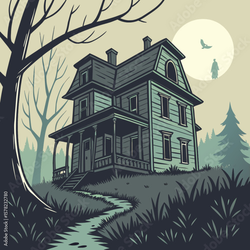 Spooky haunted house illustration with ghost and moon in a scary forest landscape scene for halloween vector art