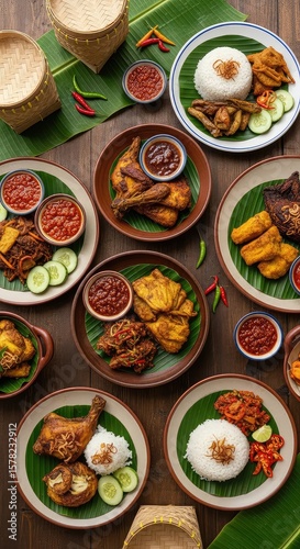 Wallpaper Mural Overhead shot of Indonesian cuisine featuring various dishes with fried chicken, tofu, rice, sambal, and cucumber slices on banana leaves, arranged on a wooden table. Torontodigital.ca