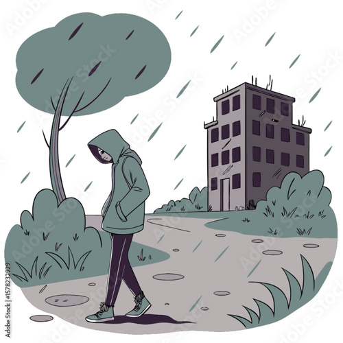 Illustration of a lonely hooded figure walking in the rain with building and tree in background