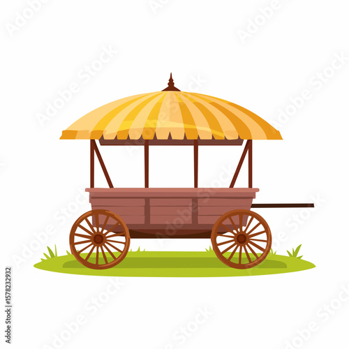 Colorful, Detailed Illustration of a Traditional Wooden Cart with Canopy