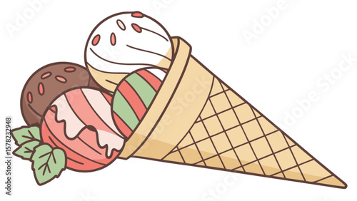 Delicious ice cream cone with multiple scoops vector illustration dessert food sweet treat summer snack isolated