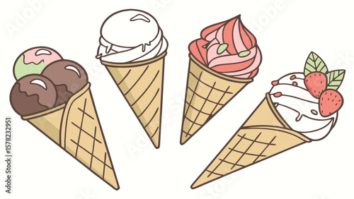 Delicious ice cream cones vector illustration with various flavors and toppings for summer treat designs