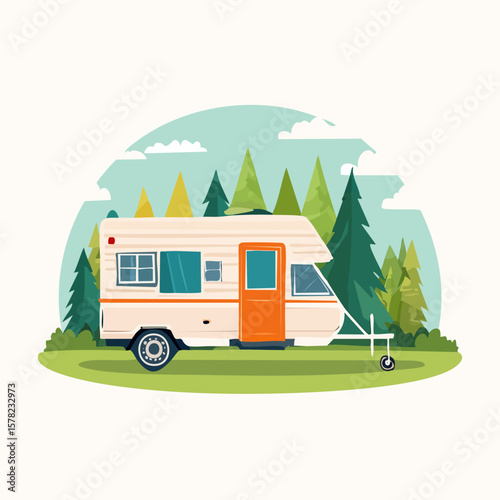 Whimsical Camper in a Forest, Ready for Adventure and Exploration.