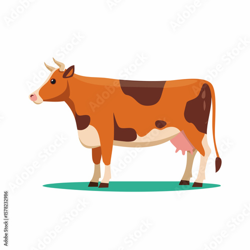 Cartoon Cow with Brown and White Markings Standing on Green Ground