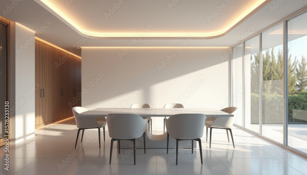 Fototapeta premium Modern dining room with luminous ceiling and minimalist design