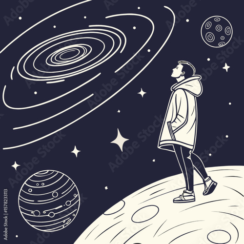Man standing on moon looking at galaxy vector illustration space travel and exploration concept art design