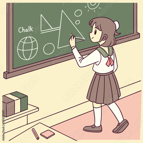 Schoolgirl drawing on chalkboard with chalk in classroom learning education teaching art lesson illustration