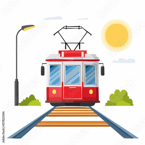Cartoon Tram Approaching on Tracks with Sun, Clouds, and Lamp Post.