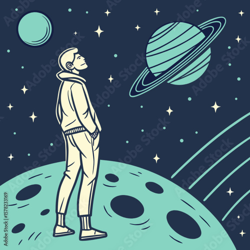 Man looking at saturn planet in space illustration travel astronomy exploration astrology dreamscape art 100
