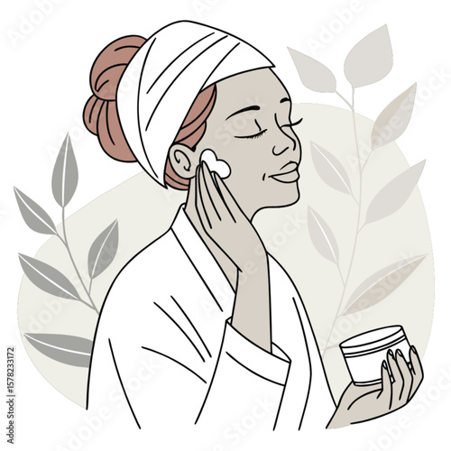 Woman applying skincare cream for beauty routine and facial treatment for healthy skin and wellness care