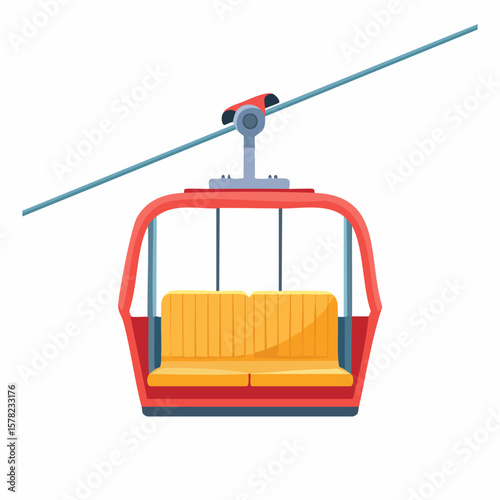 Cartoonish Red Gondola with Yellow Seats and Overhead Cable for Transport.