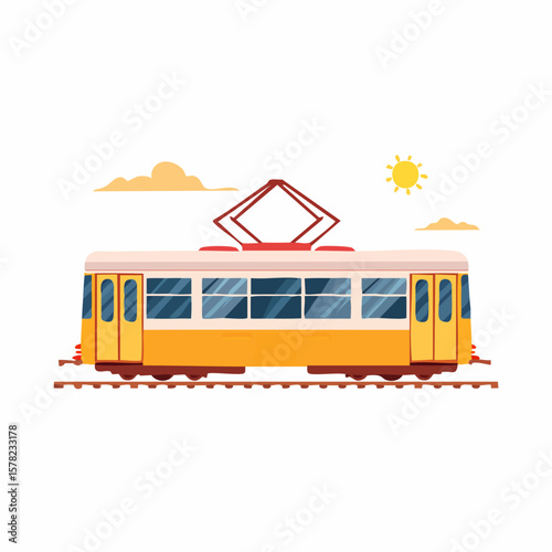 Charming Yellow Tram with Overhead Pantograph and Sunny Sky Illustration