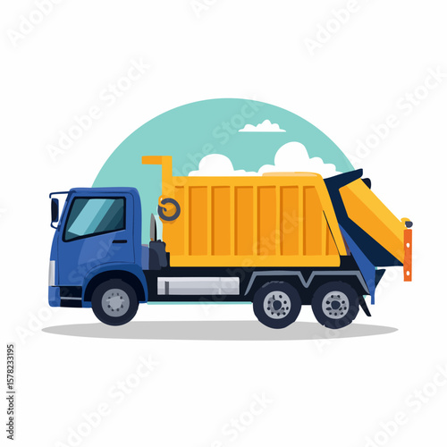 Colorful Garbage Truck Illustration with Sky and Cloud Background