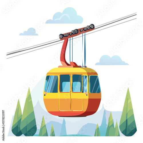 Cartoon Cable Car Ascending with Trees and Mountain Backdrop