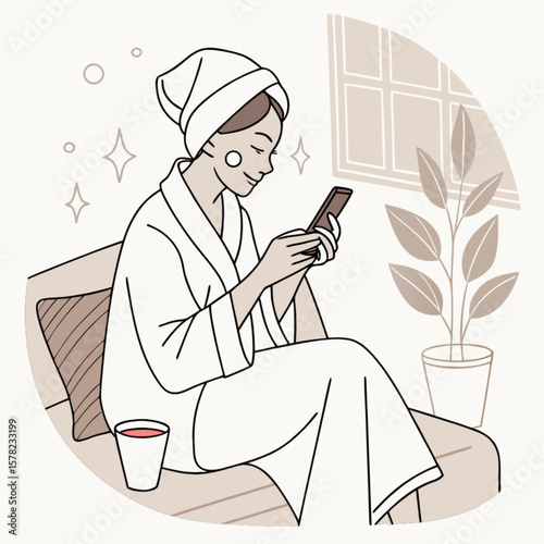 Woman in robe using phone after spa treatment relaxation and skincare routine at home for self care day