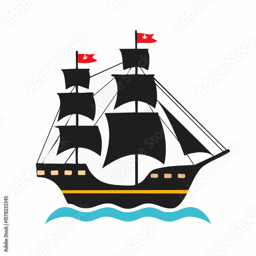 Cartoon Pirate Ship Sailing on Blue Waves with Red Flags Flying