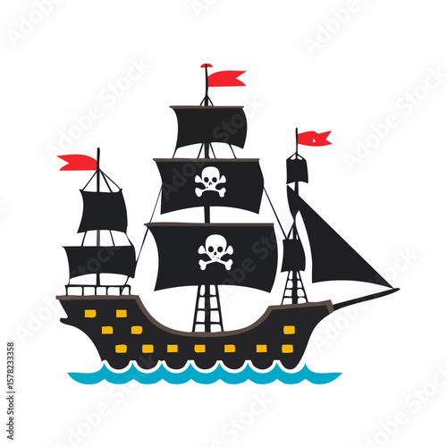 Cartoon Pirate Ship with Skull and Crossbones on Black Sails