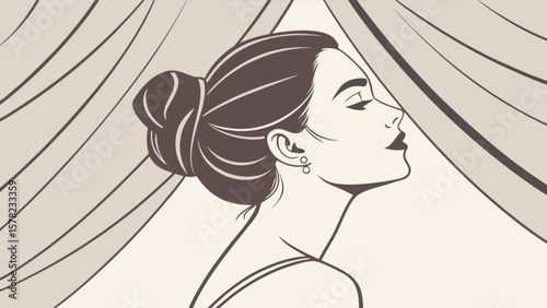 Elegant woman portrait with hair bun and curtain background art illustration vector design drawing