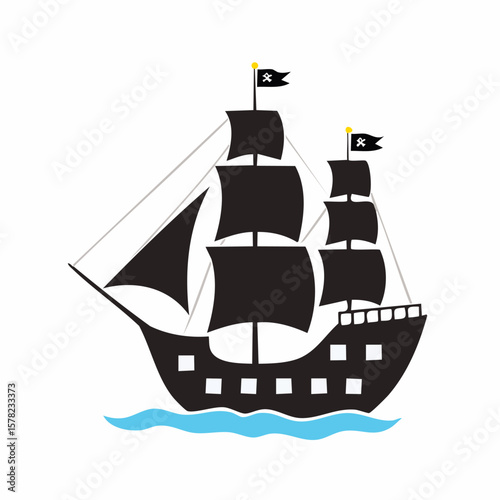 Cartoon Pirate Ship with Black Sails and Jolly Roger Flags