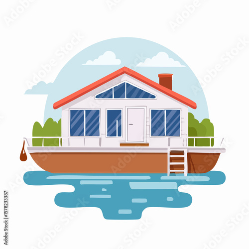 Colorful Floating Houseboat with Red Roof and Blue Water Illustration