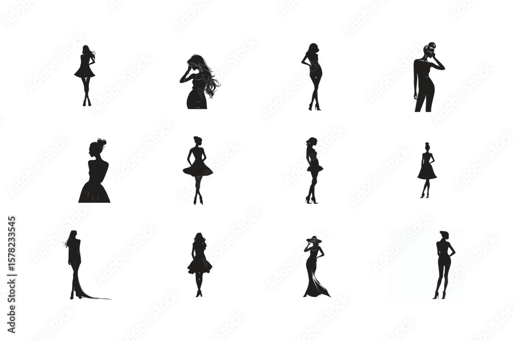 Naklejka premium Vector silhouettes of women and people in various poses including dance fitness and family activities