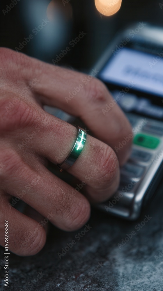 Obraz premium Hand with Ring Making Payment on Card Reader Device in Cafe