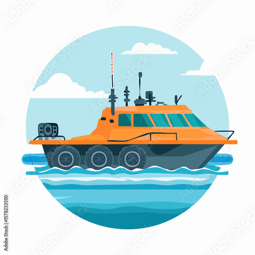 Orange Amphibious Vehicle Navigating Blue Waters with Antenna Array.