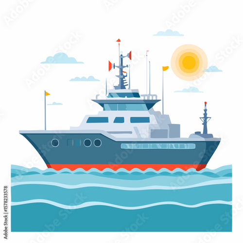 Modern Yacht Sailing on the Ocean with Bright Sun and Clouds.