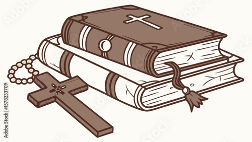 Religious books with cross and rosary beads vector illustration for faith and spirituality design 100