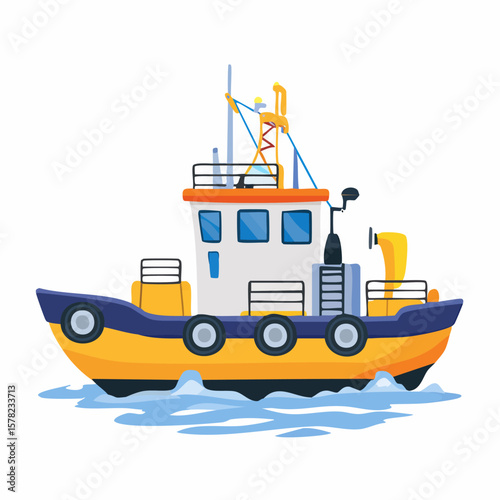 Colorful Cartoon Tugboat Sailing on Water with Distinctive Design