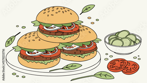 Delicious stacked burgers with fresh tomatoes and lettuce vector illustration for food lovers and chefs