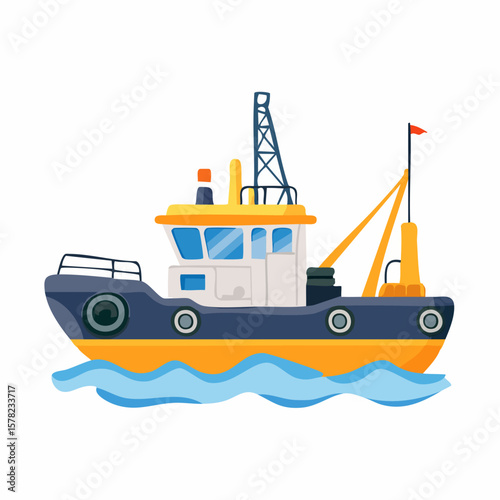 Colorful Cartoon Fishing Boat Sailing on Gentle Blue Waves