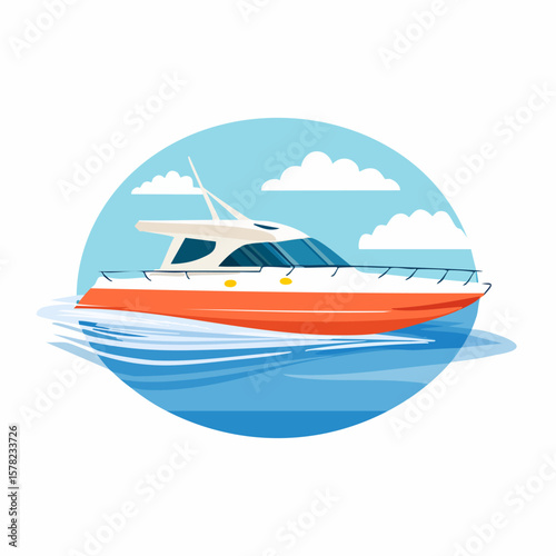 Vibrant Orange and White Motor Yacht Sailing on Blue Waters