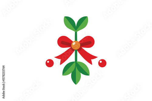Mistletoe With Berries Tied With Red Ribbon In Vector Style