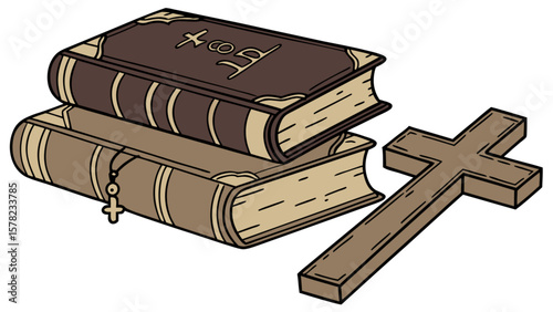 Christian books and cross illustration for religious education and faith based learning resources design