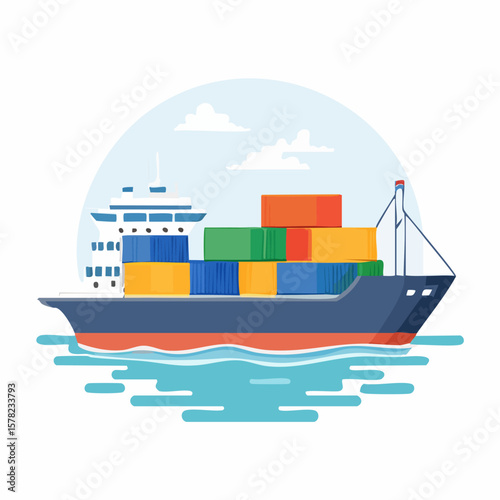 Colorful Cargo Ship Sailing on the Sea with Containers and Clouds