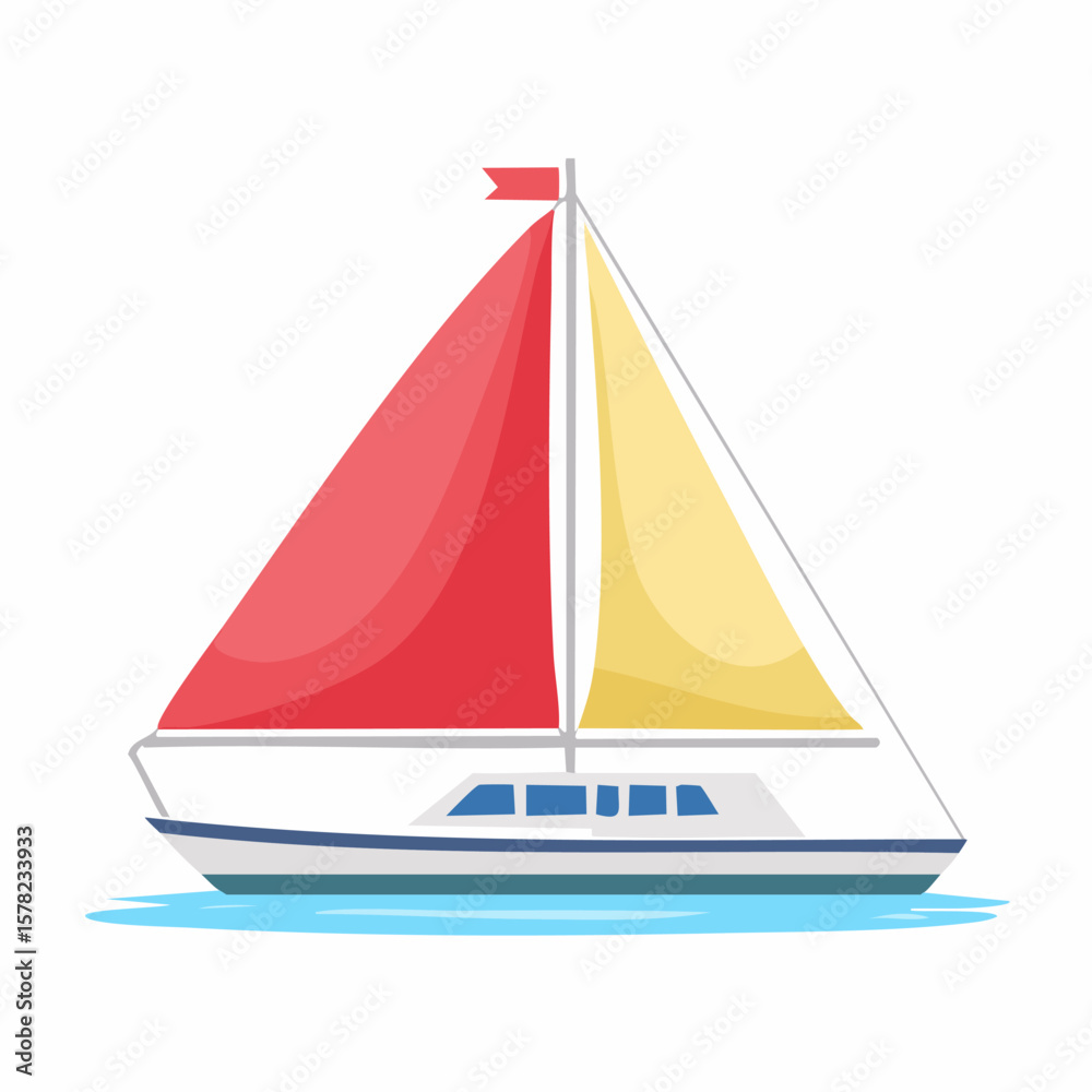 Fototapeta premium Colorful Sailboat with Red and Yellow Sails, Floating on Water