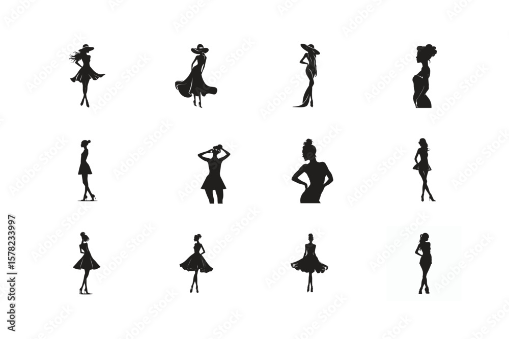 Naklejka premium Silhouettes of women and girls in various poses and activities vector illustration set