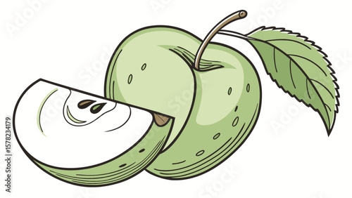 Green apple fruit illustration with slice and leaf for healthy eating and fresh food designs vector image