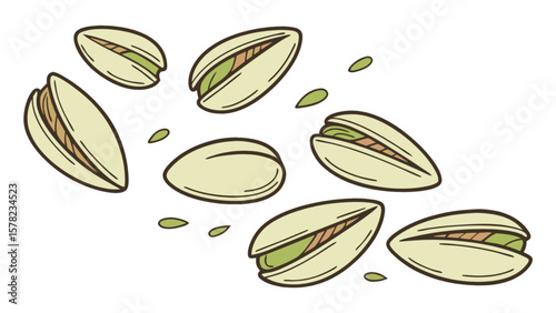 Delicious pistachios vector illustration, healthy snack nuts, pistachio kernels, shelled pistachio drawing art