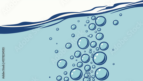 Water bubbles illustration for backgrounds and designs with blue sea ocean surface and underwater effect