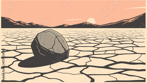 Rock in death valley illustration, cracked earth landscape, desert scene vector art, arid climate drawing
