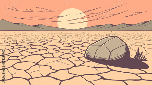 Desert landscape illustration with cracked earth, rock, and sunset for travel and nature themes artwork