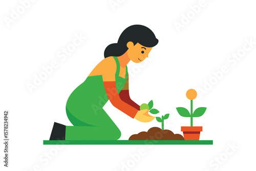 Gardening Girl Planting Flower Seeds In Garden Bed
