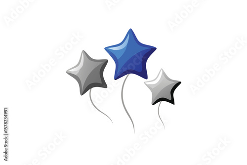 Floating Metallic Blue And Silver Star Balloons On White