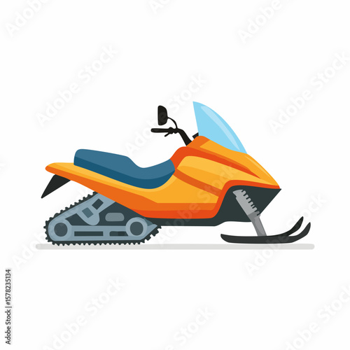 Vibrant Orange Snowmobile with Blue Seat and Transparent Windshield.