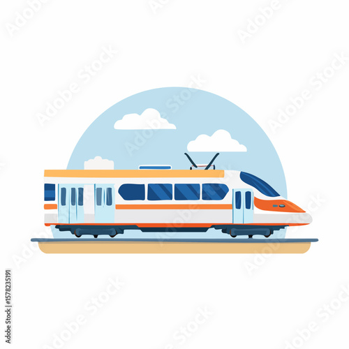 Modern High-Speed Train with Orange Accents and Blue Sky Backdrop