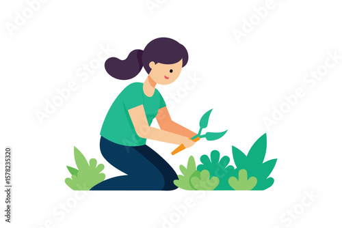 Flat Vector Of Girl Trimming Plants With Garden Shears