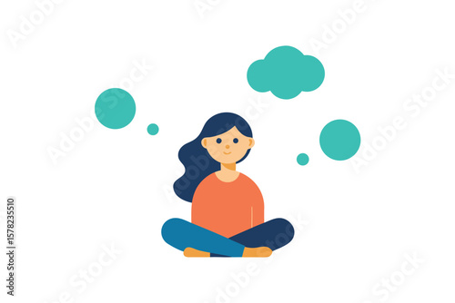Flat Style Girl Sitting With Floating Thought Bubbles