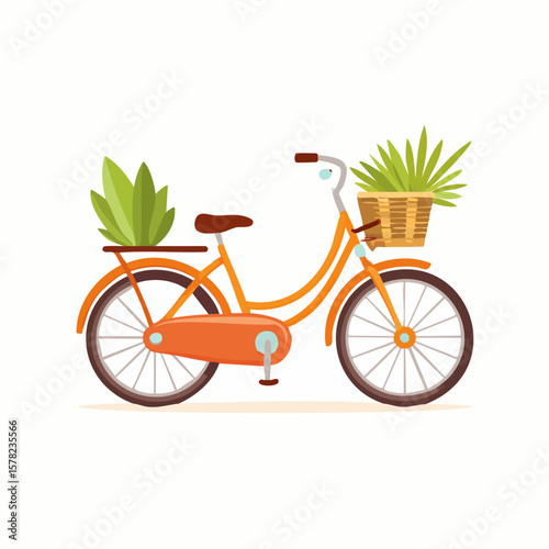 Charming Orange Bicycle with Plants in Basket and Rear Rack, Side View